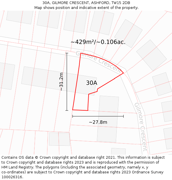 30A, GILMORE CRESCENT, ASHFORD, TW15 2DB: Plot and title map