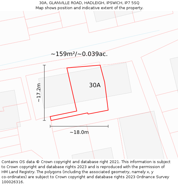 30A, GLANVILLE ROAD, HADLEIGH, IPSWICH, IP7 5SQ: Plot and title map