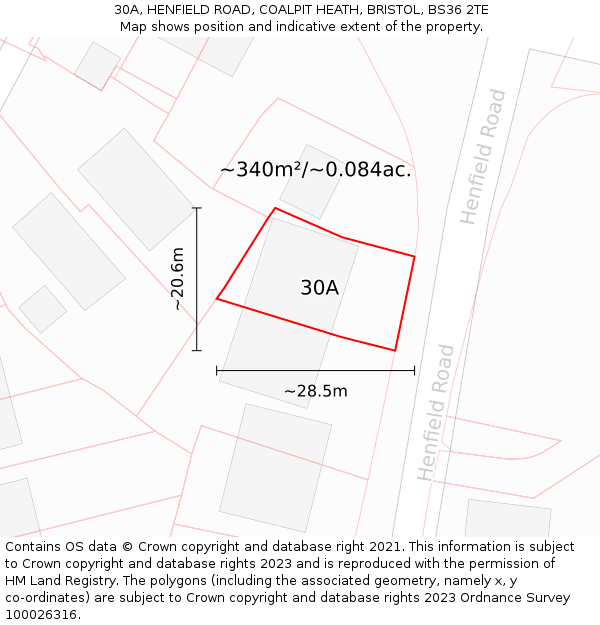 30A, HENFIELD ROAD, COALPIT HEATH, BRISTOL, BS36 2TE: Plot and title map