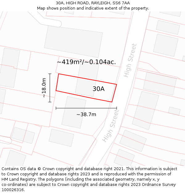30A, HIGH ROAD, RAYLEIGH, SS6 7AA: Plot and title map