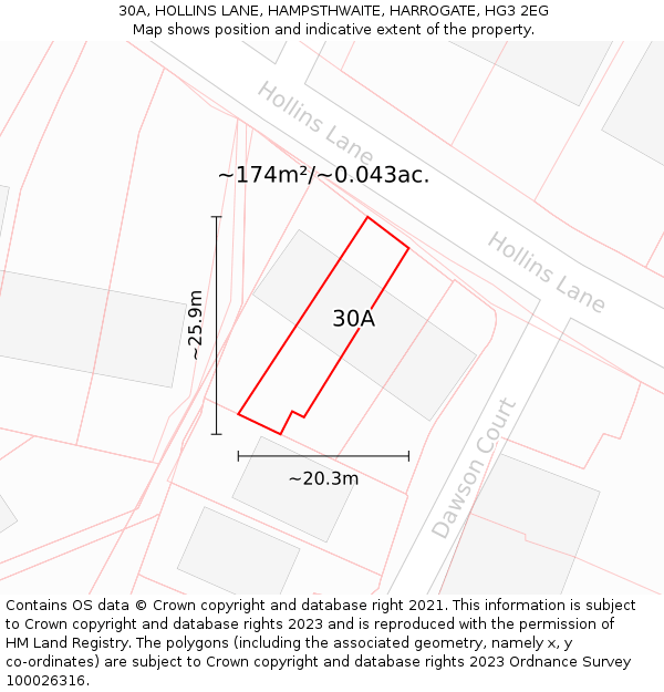 30A, HOLLINS LANE, HAMPSTHWAITE, HARROGATE, HG3 2EG: Plot and title map
