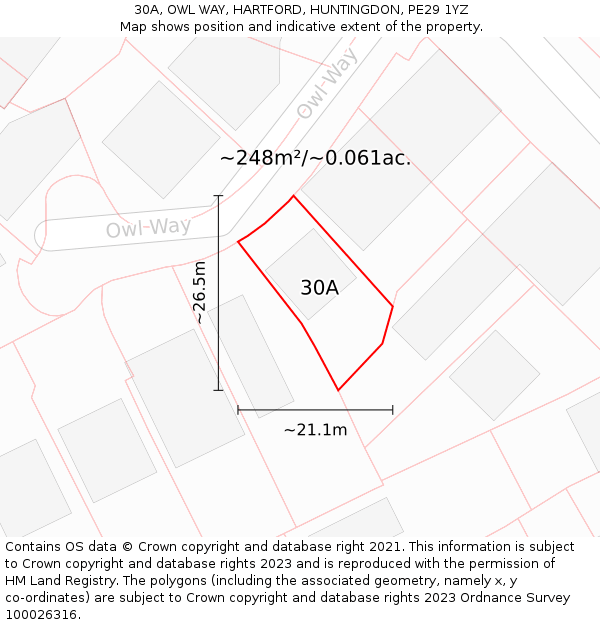 30A, OWL WAY, HARTFORD, HUNTINGDON, PE29 1YZ: Plot and title map