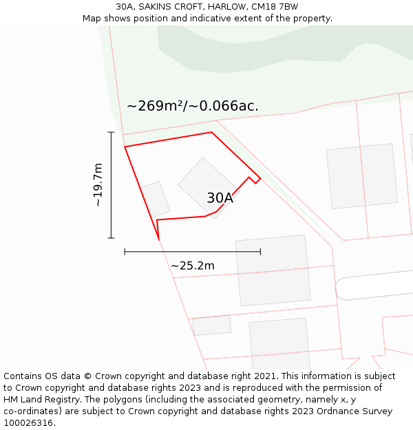 30A, SAKINS CROFT, HARLOW, CM18 7BW: Plot and title map