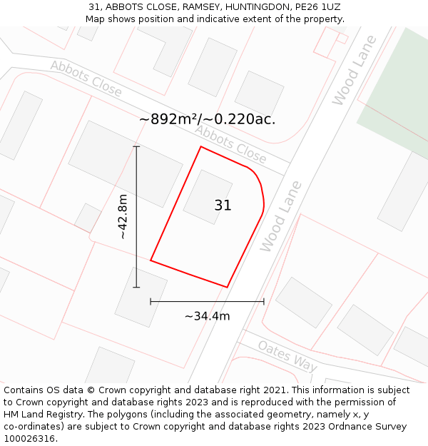 31, ABBOTS CLOSE, RAMSEY, HUNTINGDON, PE26 1UZ: Plot and title map
