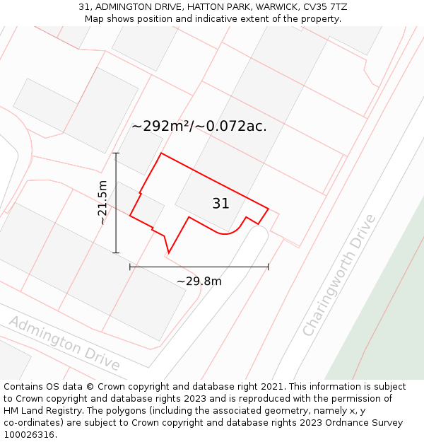 31, ADMINGTON DRIVE, HATTON PARK, WARWICK, CV35 7TZ: Plot and title map