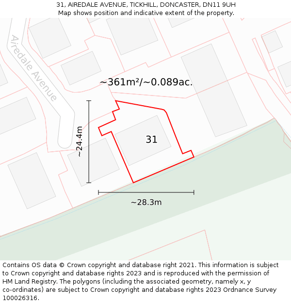 31, AIREDALE AVENUE, TICKHILL, DONCASTER, DN11 9UH: Plot and title map