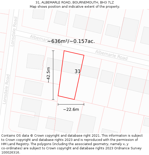 31, ALBEMARLE ROAD, BOURNEMOUTH, BH3 7LZ: Plot and title map