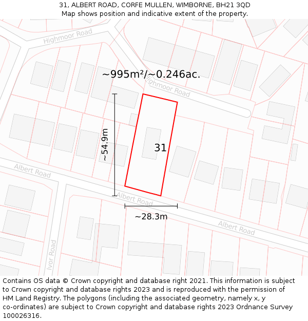 31, ALBERT ROAD, CORFE MULLEN, WIMBORNE, BH21 3QD: Plot and title map