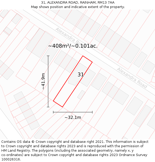 31, ALEXANDRA ROAD, RAINHAM, RM13 7AA: Plot and title map