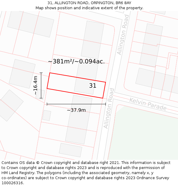 31, ALLINGTON ROAD, ORPINGTON, BR6 8AY: Plot and title map
