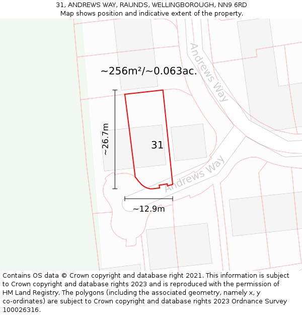 31, ANDREWS WAY, RAUNDS, WELLINGBOROUGH, NN9 6RD: Plot and title map