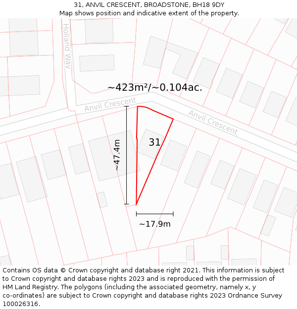 31, ANVIL CRESCENT, BROADSTONE, BH18 9DY: Plot and title map