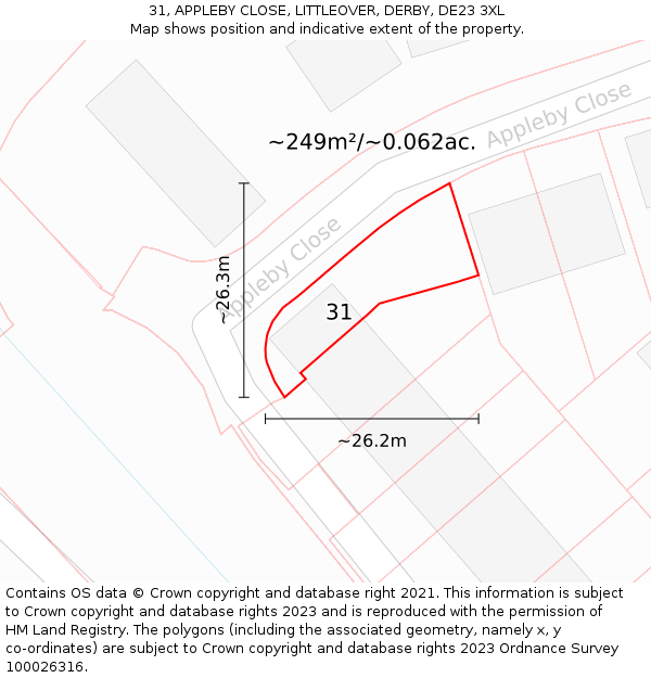 31, APPLEBY CLOSE, LITTLEOVER, DERBY, DE23 3XL: Plot and title map