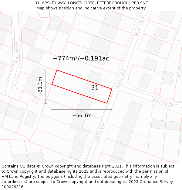 31, APSLEY WAY, LONGTHORPE, PETERBOROUGH, PE3 9NE: Plot and title map