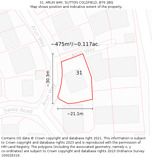 31, ARUN WAY, SUTTON COLDFIELD, B76 2BQ: Plot and title map