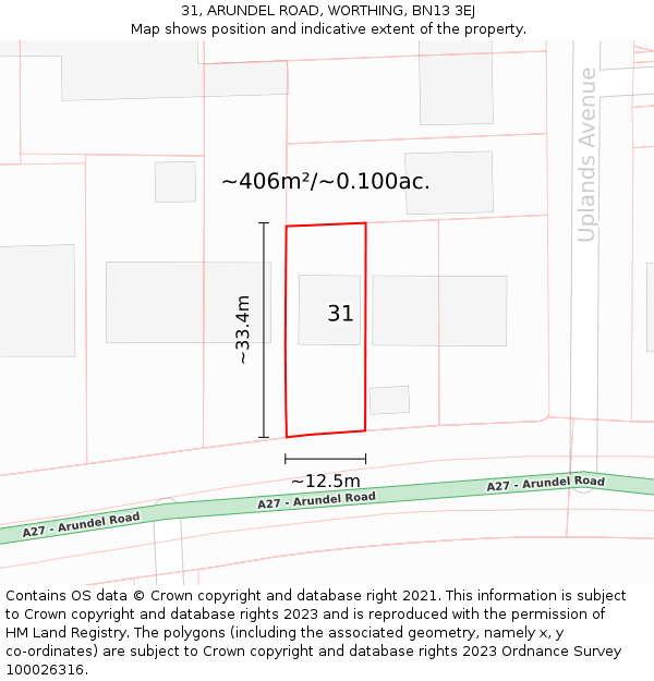 31, ARUNDEL ROAD, WORTHING, BN13 3EJ: Plot and title map