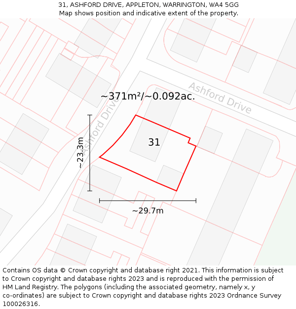 31, ASHFORD DRIVE, APPLETON, WARRINGTON, WA4 5GG: Plot and title map