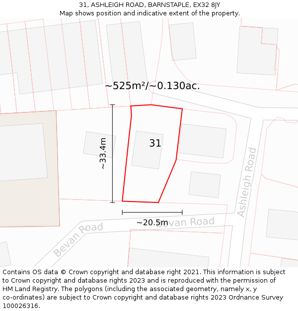 31, ASHLEIGH ROAD, BARNSTAPLE, EX32 8JY: Plot and title map