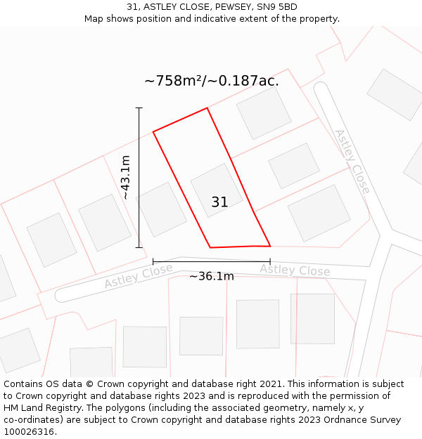 31, ASTLEY CLOSE, PEWSEY, SN9 5BD: Plot and title map