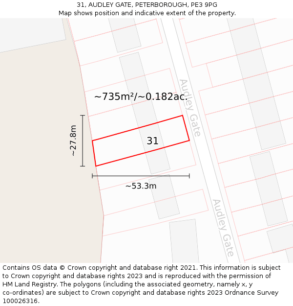 31, AUDLEY GATE, PETERBOROUGH, PE3 9PG: Plot and title map