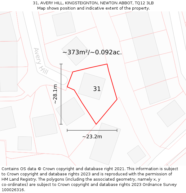 31, AVERY HILL, KINGSTEIGNTON, NEWTON ABBOT, TQ12 3LB: Plot and title map