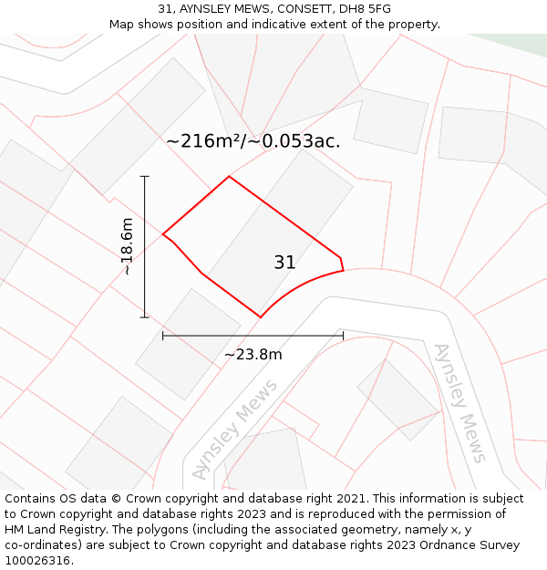 31, AYNSLEY MEWS, CONSETT, DH8 5FG: Plot and title map