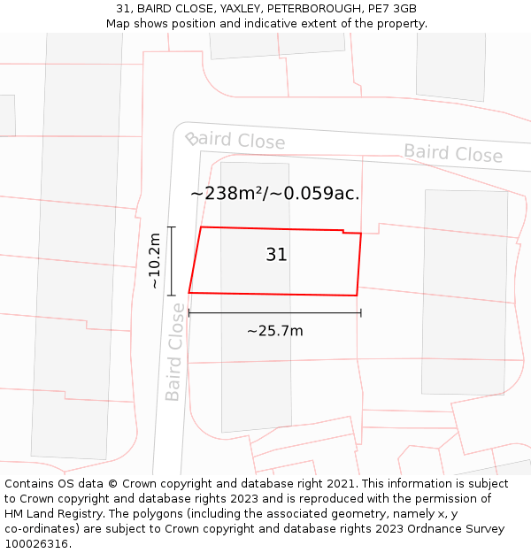 31, BAIRD CLOSE, YAXLEY, PETERBOROUGH, PE7 3GB: Plot and title map