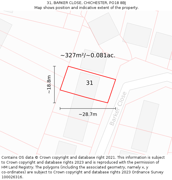 31, BARKER CLOSE, CHICHESTER, PO18 8BJ: Plot and title map