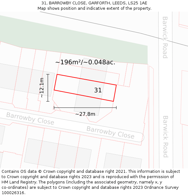 31, BARROWBY CLOSE, GARFORTH, LEEDS, LS25 1AE: Plot and title map