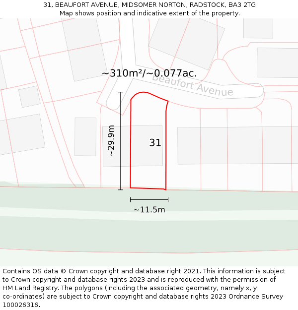 31, BEAUFORT AVENUE, MIDSOMER NORTON, RADSTOCK, BA3 2TG: Plot and title map