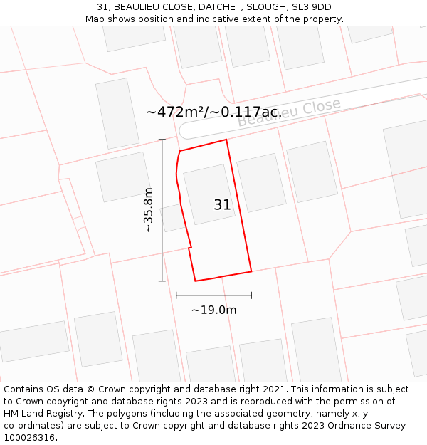 31, BEAULIEU CLOSE, DATCHET, SLOUGH, SL3 9DD: Plot and title map