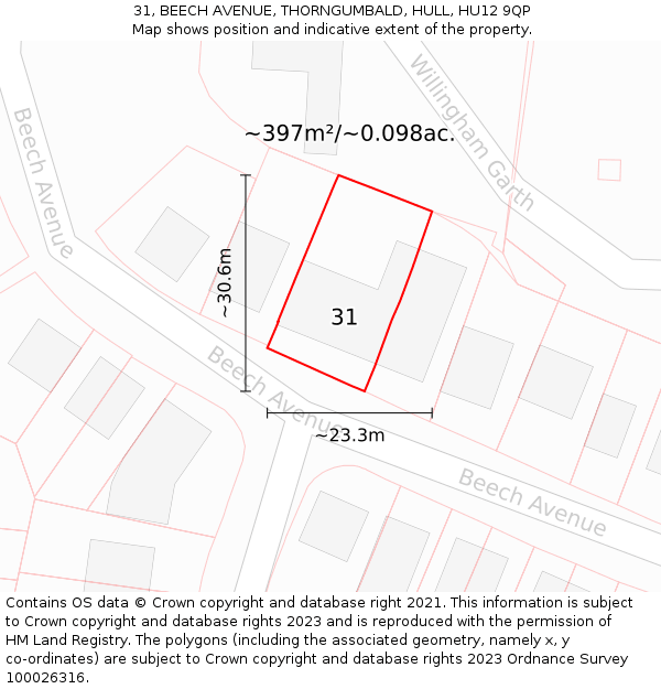31, BEECH AVENUE, THORNGUMBALD, HULL, HU12 9QP: Plot and title map