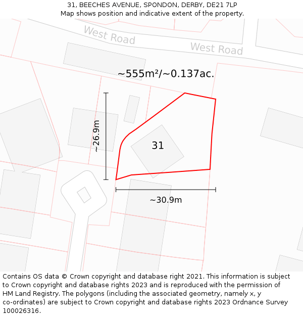31, BEECHES AVENUE, SPONDON, DERBY, DE21 7LP: Plot and title map