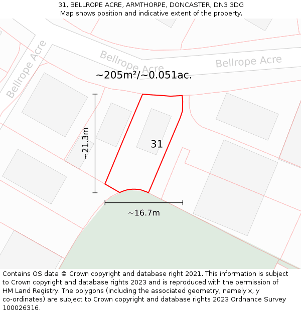 31, BELLROPE ACRE, ARMTHORPE, DONCASTER, DN3 3DG: Plot and title map