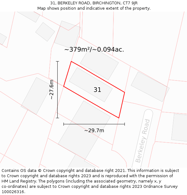 31, BERKELEY ROAD, BIRCHINGTON, CT7 9JR: Plot and title map