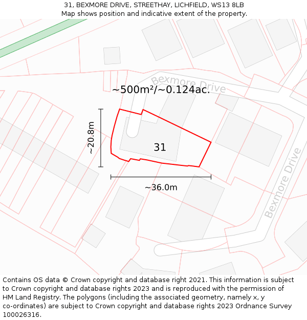 31, BEXMORE DRIVE, STREETHAY, LICHFIELD, WS13 8LB: Plot and title map