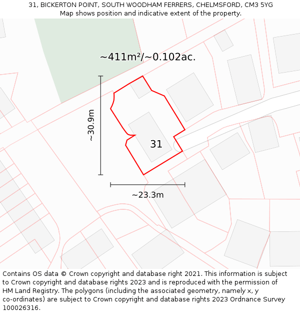 31, BICKERTON POINT, SOUTH WOODHAM FERRERS, CHELMSFORD, CM3 5YG: Plot and title map