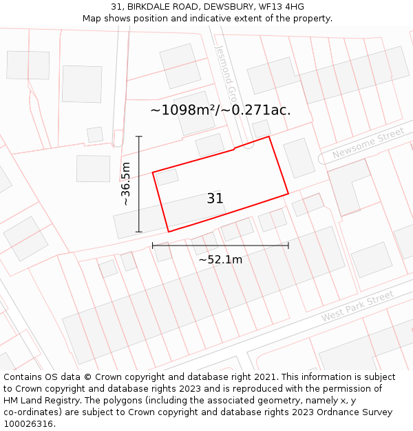 31, BIRKDALE ROAD, DEWSBURY, WF13 4HG: Plot and title map