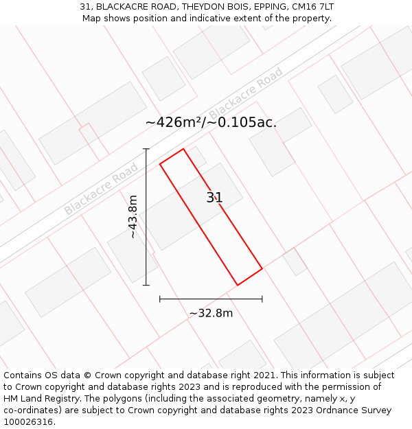 31, BLACKACRE ROAD, THEYDON BOIS, EPPING, CM16 7LT: Plot and title map