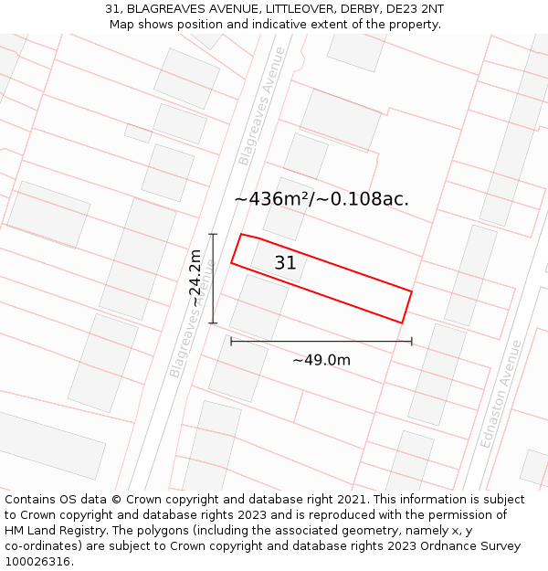 31, BLAGREAVES AVENUE, LITTLEOVER, DERBY, DE23 2NT: Plot and title map