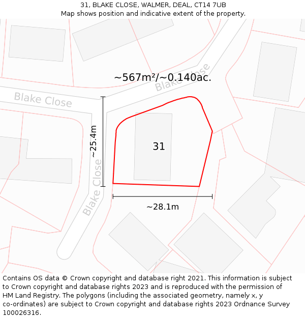 31, BLAKE CLOSE, WALMER, DEAL, CT14 7UB: Plot and title map