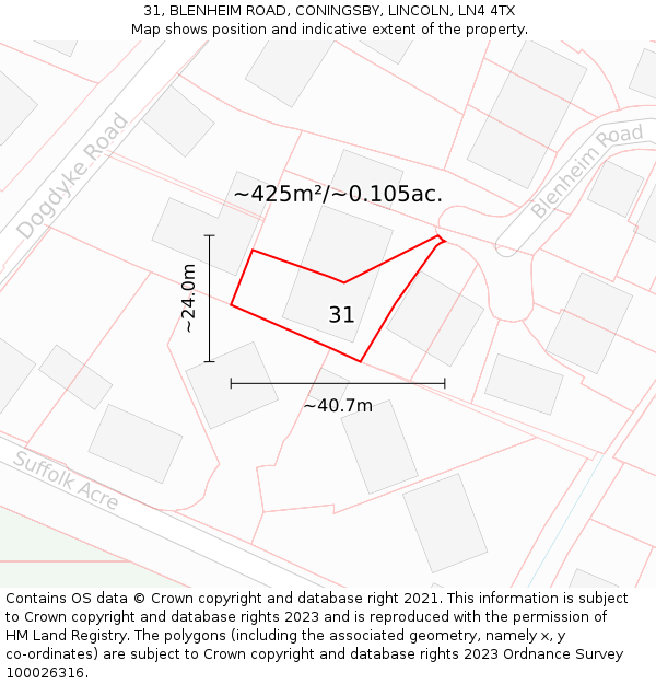 31, BLENHEIM ROAD, CONINGSBY, LINCOLN, LN4 4TX: Plot and title map