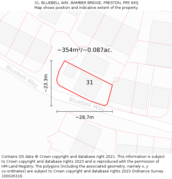 31, BLUEBELL WAY, BAMBER BRIDGE, PRESTON, PR5 6XQ: Plot and title map