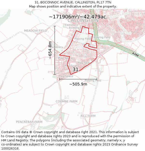 31, BOCONNOC AVENUE, CALLINGTON, PL17 7TN: Plot and title map
