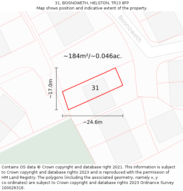 31, BOSNOWETH, HELSTON, TR13 8FP: Plot and title map