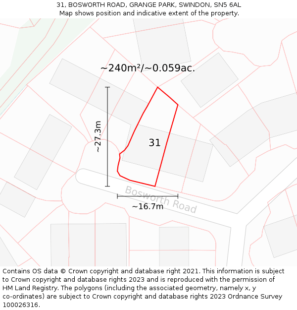 31, BOSWORTH ROAD, GRANGE PARK, SWINDON, SN5 6AL: Plot and title map