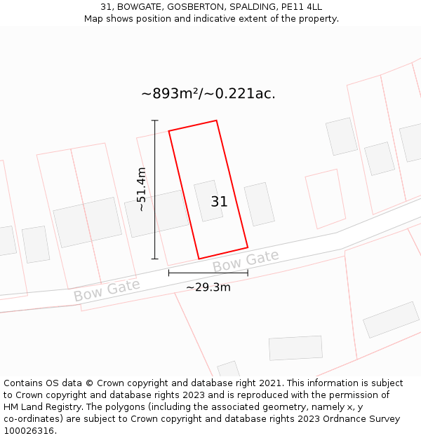 31, BOWGATE, GOSBERTON, SPALDING, PE11 4LL: Plot and title map