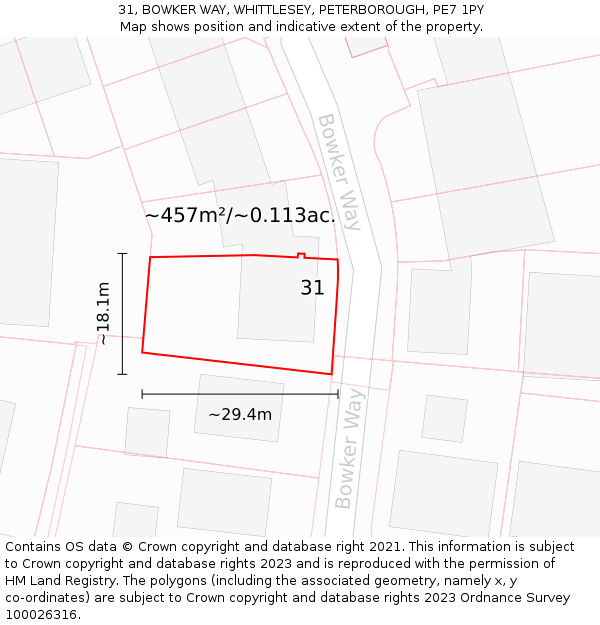 31, BOWKER WAY, WHITTLESEY, PETERBOROUGH, PE7 1PY: Plot and title map