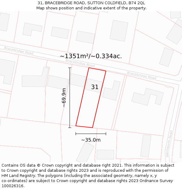 31, BRACEBRIDGE ROAD, SUTTON COLDFIELD, B74 2QL: Plot and title map