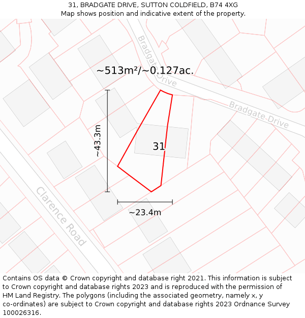 31, BRADGATE DRIVE, SUTTON COLDFIELD, B74 4XG: Plot and title map